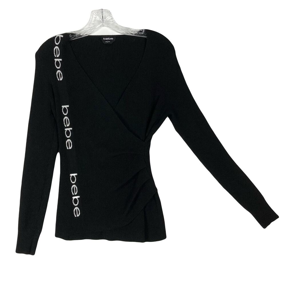 NWOT BEBE Sweater L Black White Logo Spellout Faux Wrap Pleated Long Slv